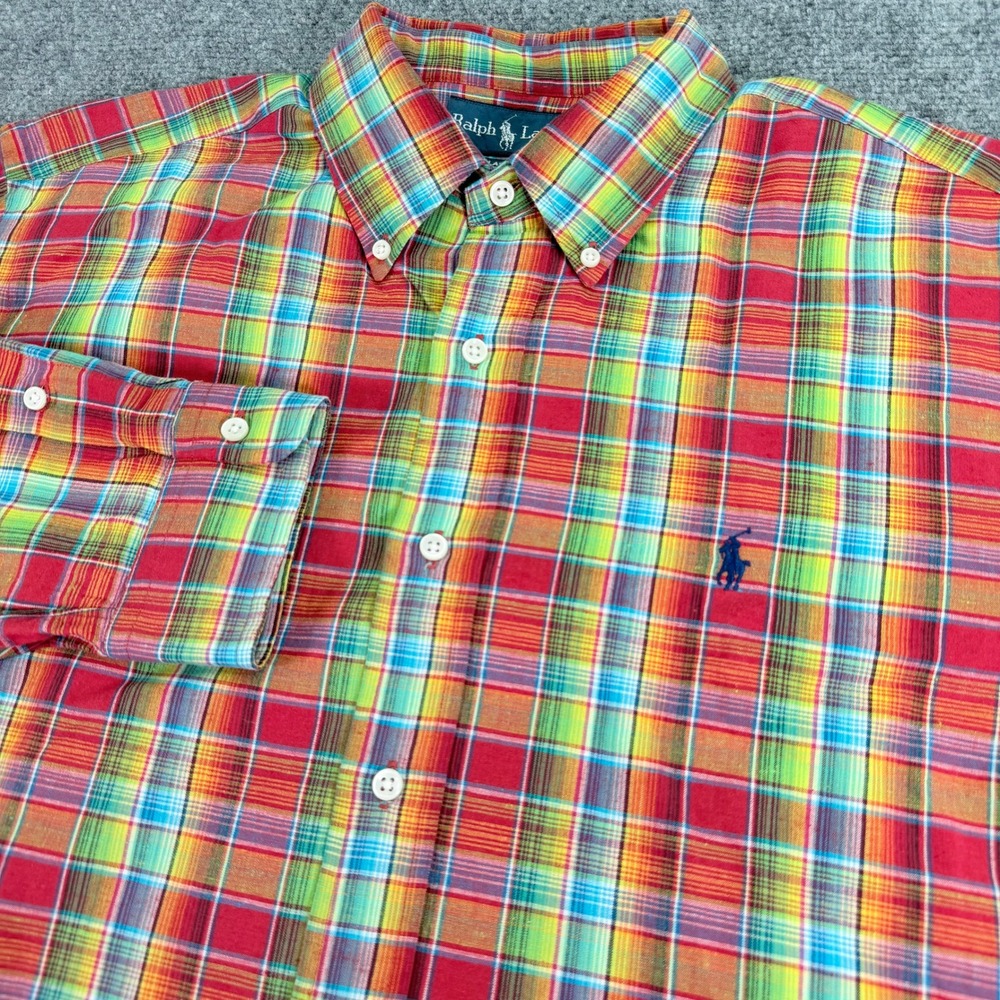 Ralph Lauren Shirt Men Large Colorful Plaid Classic Fit Cotton Linen Button Down